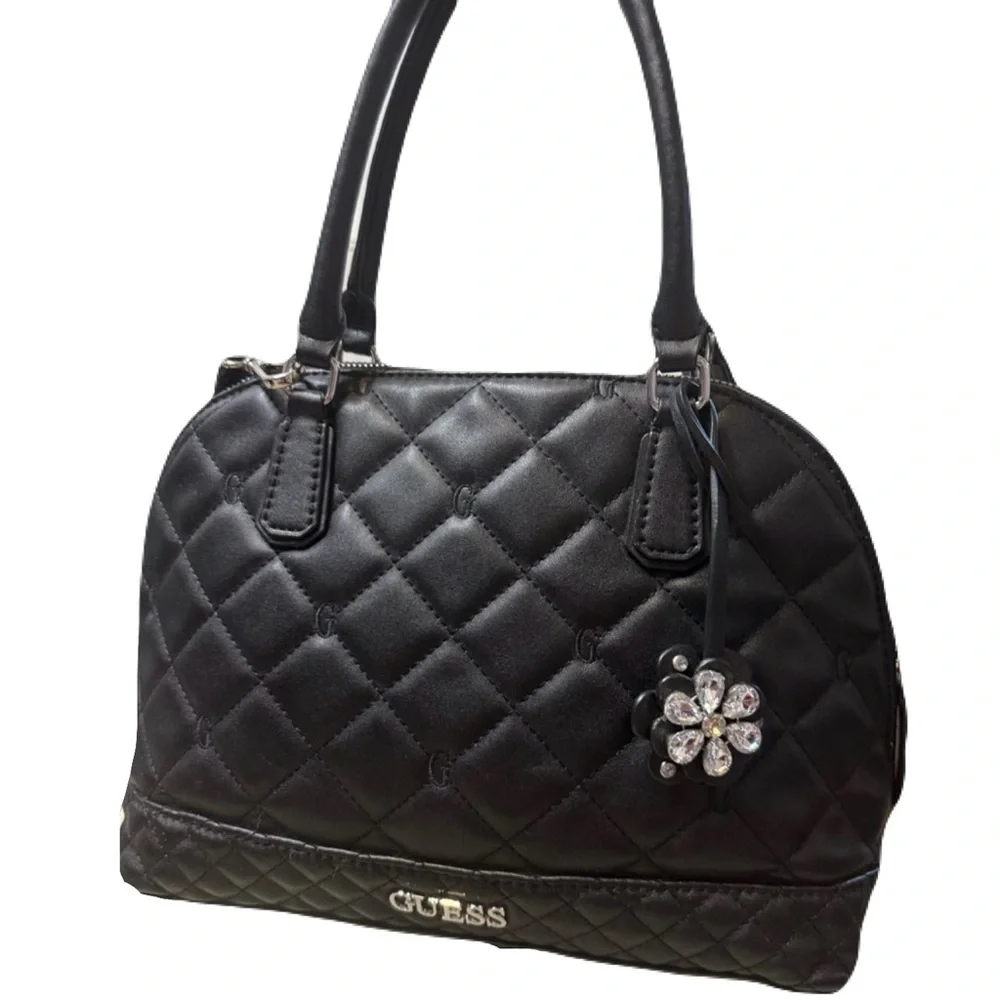 Black Quilted Floral Satchel by GUESS